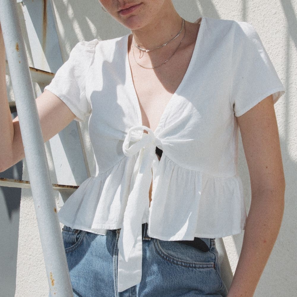 Brandy Melville John Galt Floral Embroidered Front Tie Top